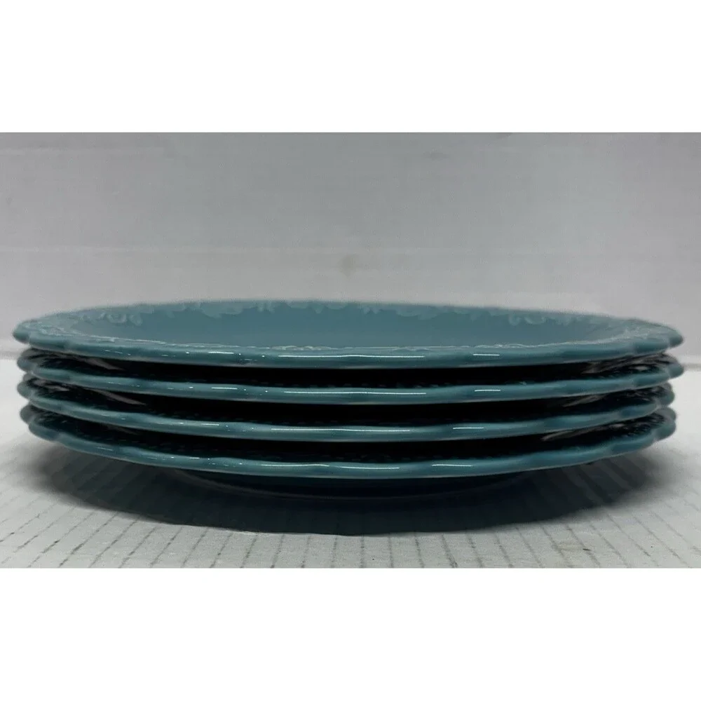 Pioneer Woman Teal Salad Plates Set of 4 Floral Scalloped Stoneware 9”